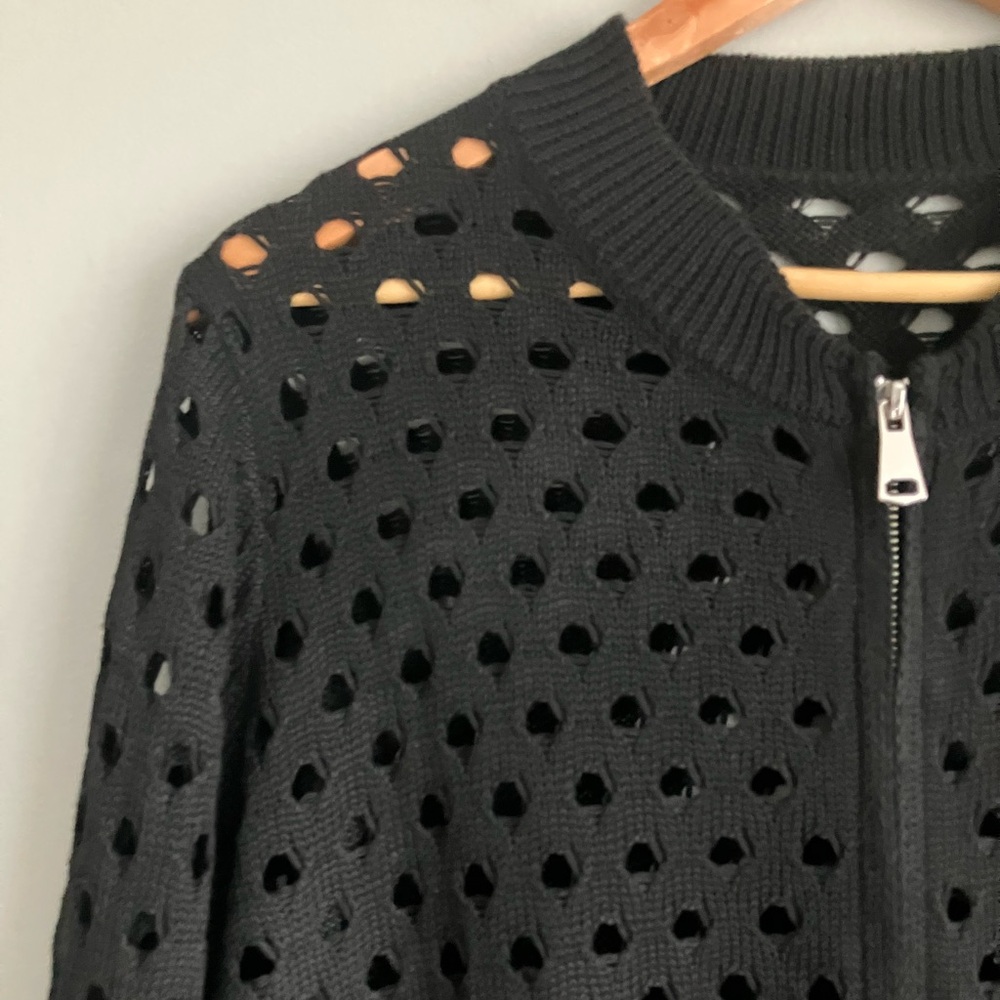 UNBRANDED Black Open Knit Zipper Front Crewneck Sweater Size XS (Like a S-M) - Picture 3 of 10